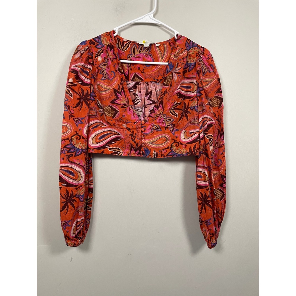 Boden Orange Paisley Print Cropped Balloon Sleeve Blouse Top Size 8